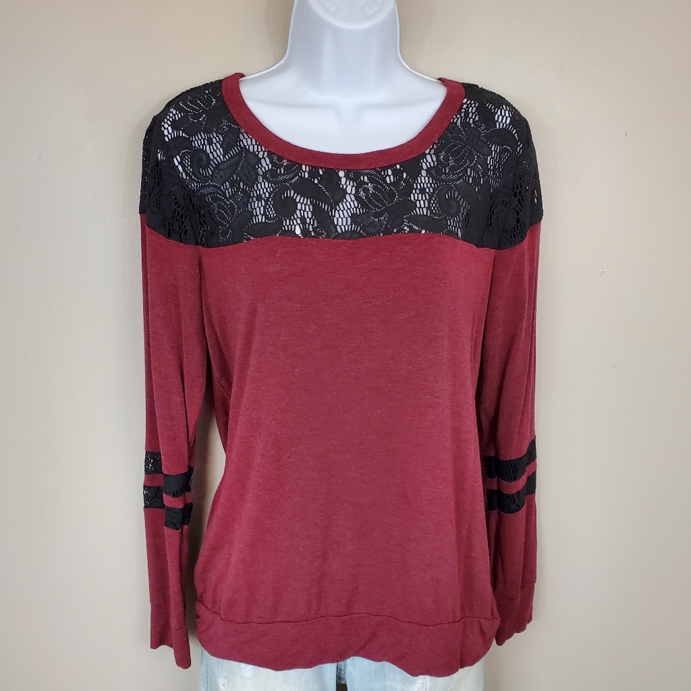 Vanity Women's Wine Red & Black Jersey Style long Sleeve Shirt with Lace…